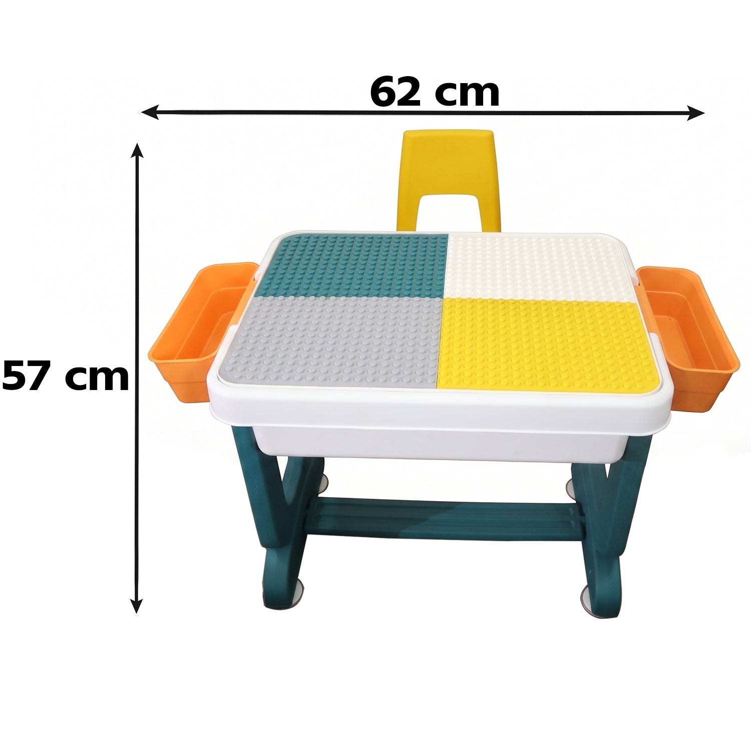 Building block activity desk with bins for organising bricks