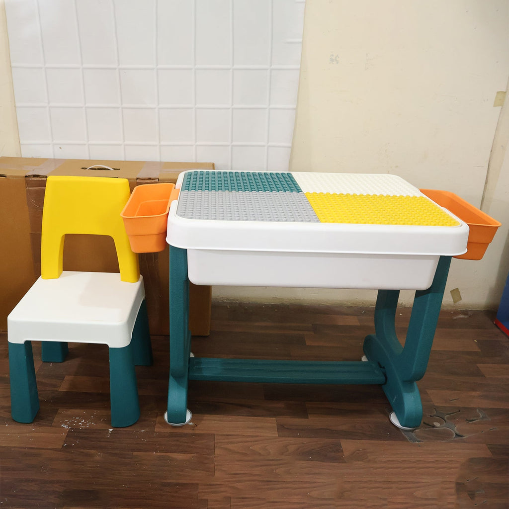 2 piece kids activity table with block top and storage bins
