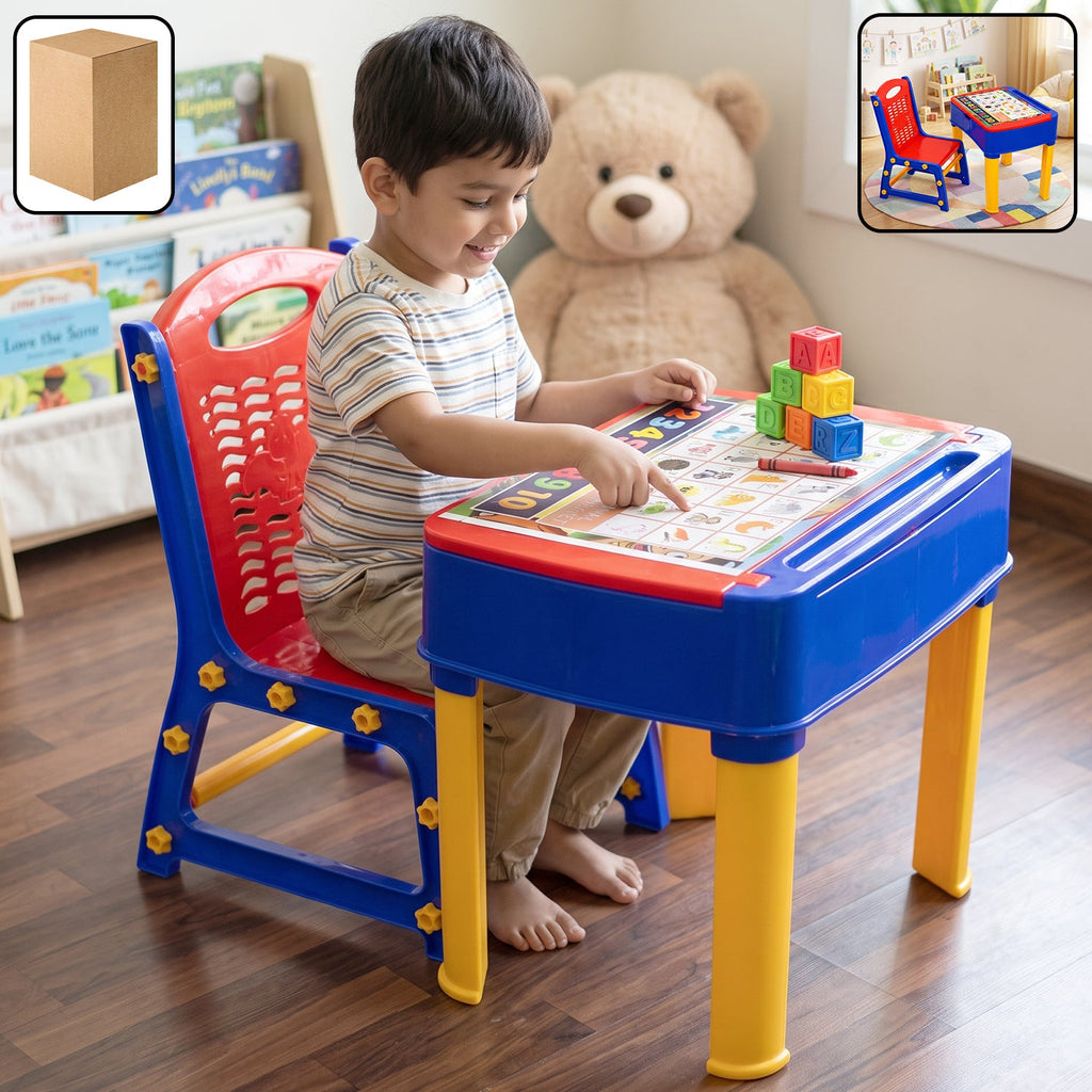 2 in 1 plastic kids study table and chair set with learning board (2 pc set)