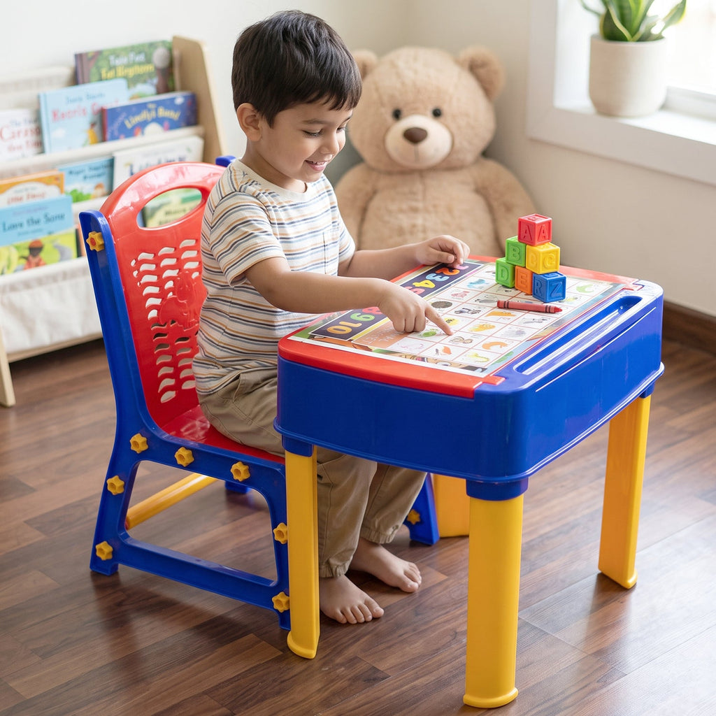 Compact children's study table with chair and activity board