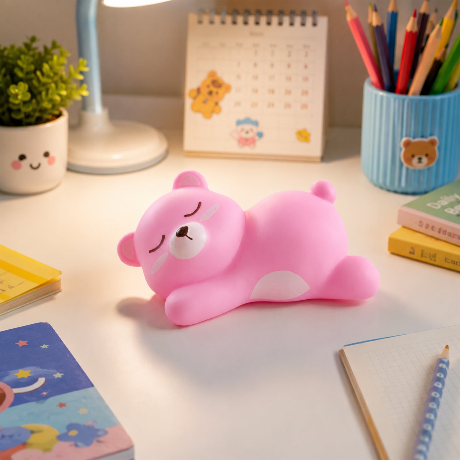 Cute sleeping bear night light on a bedside table in a child's room.