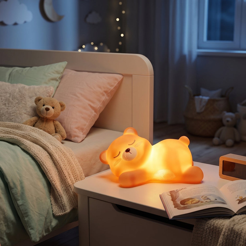 Adorable sleeping bear LED night light creating a cosy ambiance on a table.