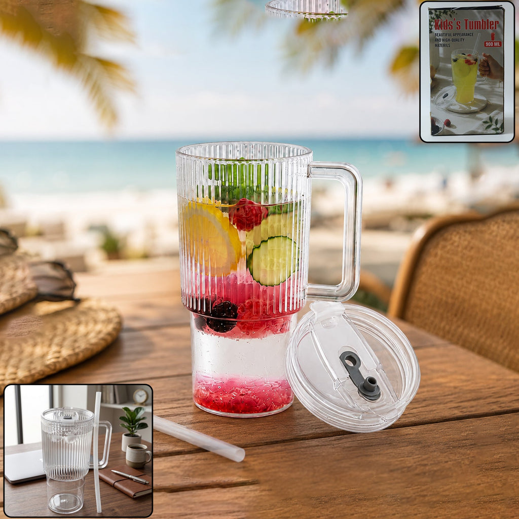 Kids Tumbler 900ml with Handle Lid and Straw Ribbed Water Sipper Cup (1 Pc) product image