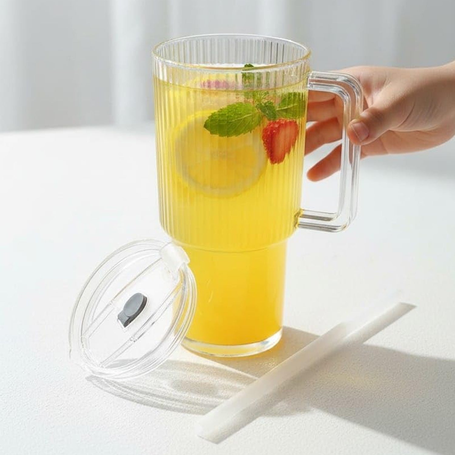 Kids Tumbler 900ml with Handle Lid and Straw Ribbed Water Sipper Cup (1 Pc) view 4