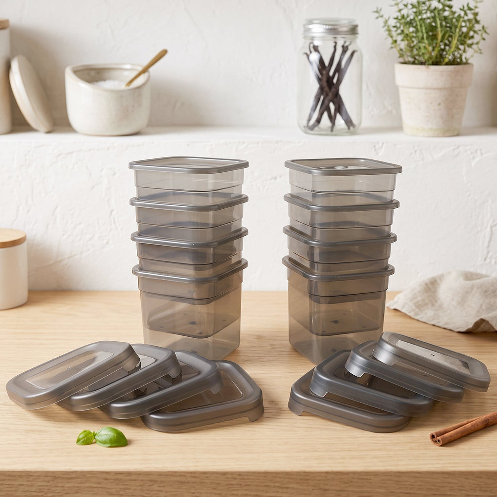 Stackable plastic food jars with lids for grains, snacks and spices