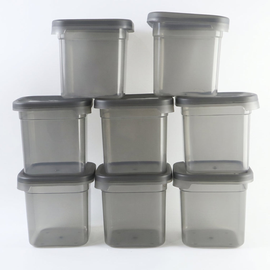 Clear plastic pantry jar set with sealed lids for dry food