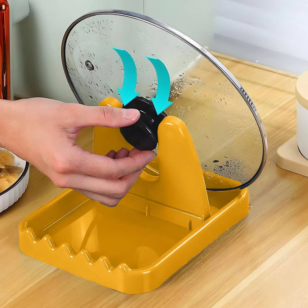 Close-up of kitchen lid and utensil holder stand showing compact design