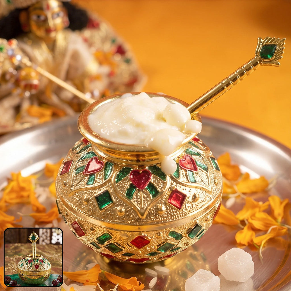 Laddu Gopal makhan matki with spoon set, decorative pooja pot (2 pc set)