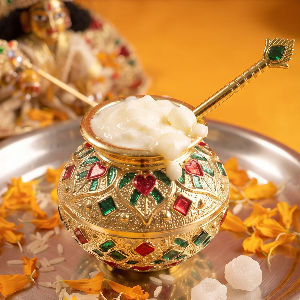 Decorative matki and spoon set for Laddu Gopal shringar