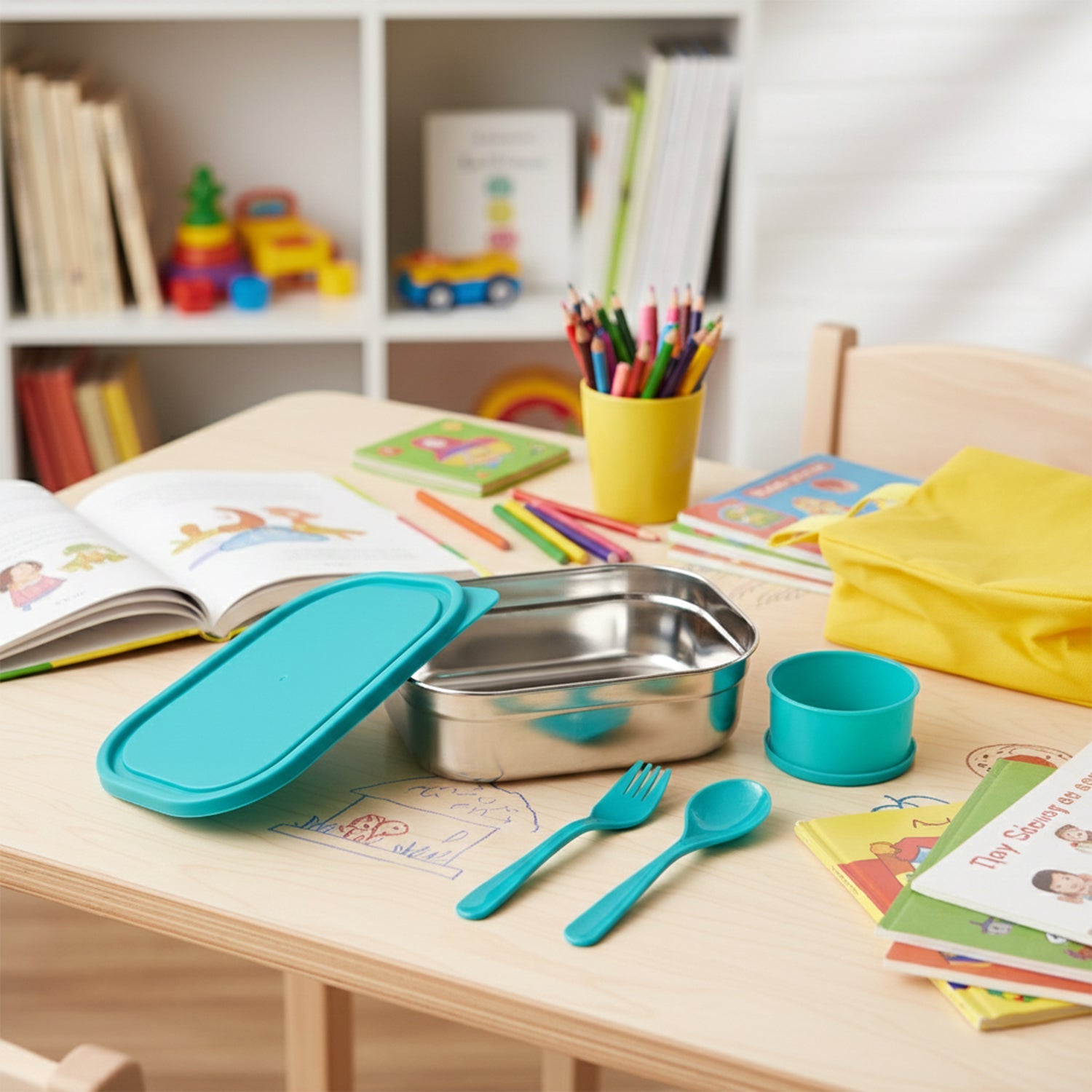 Components of stainless steel lunch box set including fork and spoon