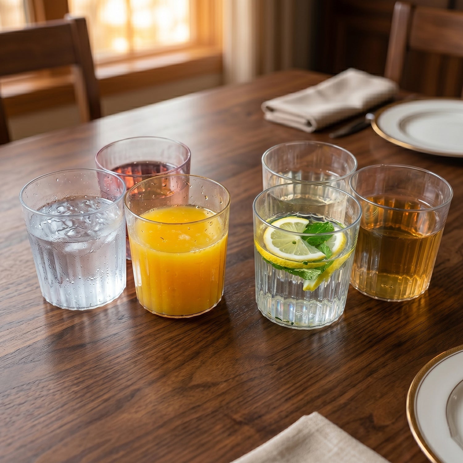 Elegant and lightweight transparent drinking glasses, perfect for daily beverages.