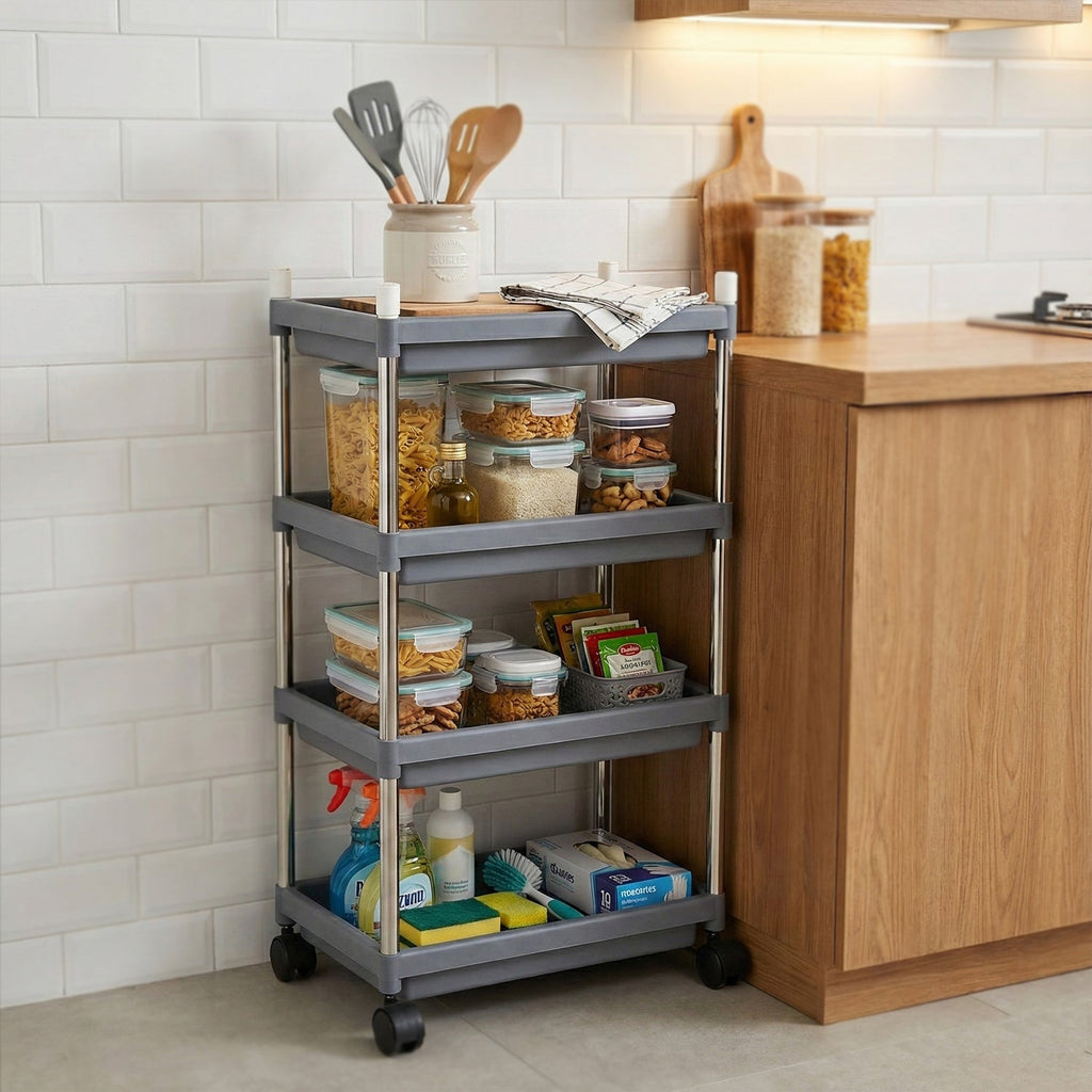 Rolling utility trolley with four smooth wheels and spacious storage layers.