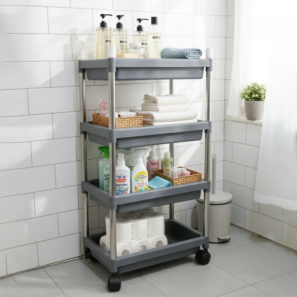 Compact 4-layer rolling storage cart, ideal for tight spaces in any home or office.