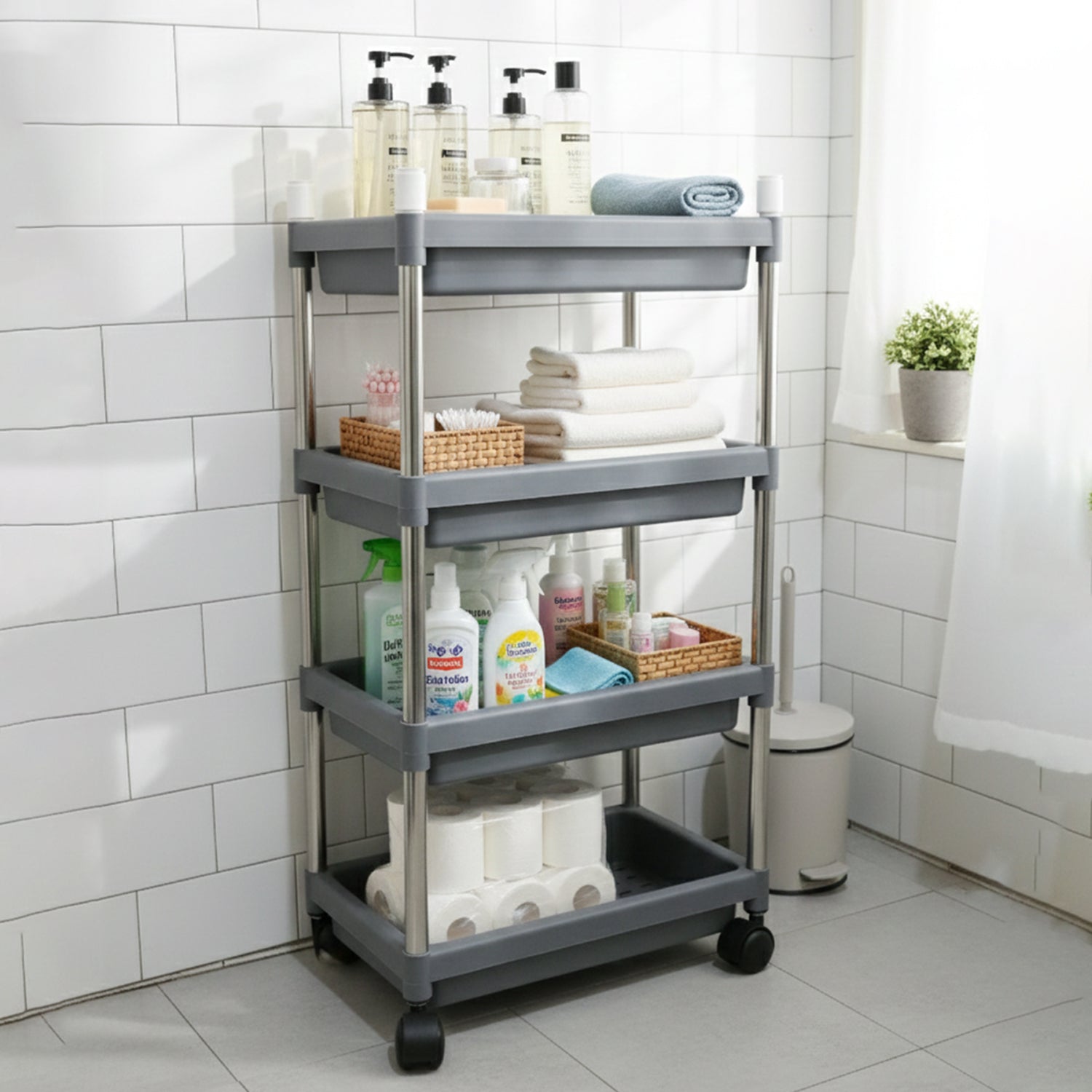 Compact 4-layer rolling storage cart, ideal for tight spaces in any home or office.
