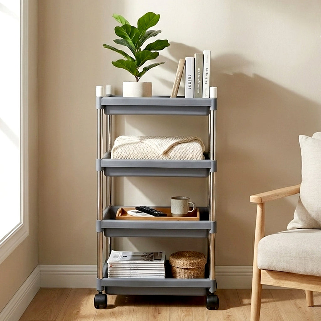 Movable 4-layer storage cart featuring a sturdy stainless steel frame for home organization.