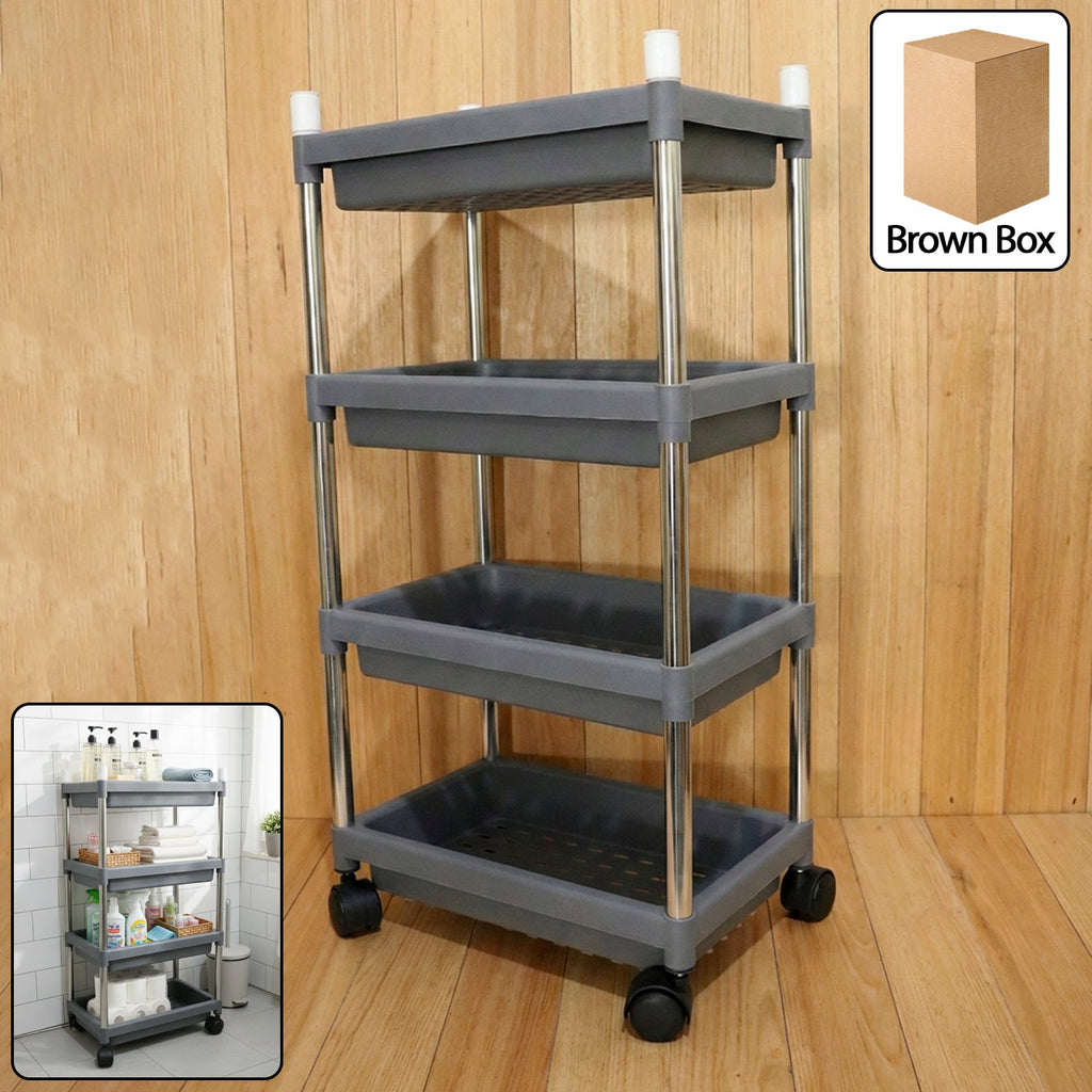 4-layer rolling storage cart with durable plastic trays and smooth-gliding wheels.