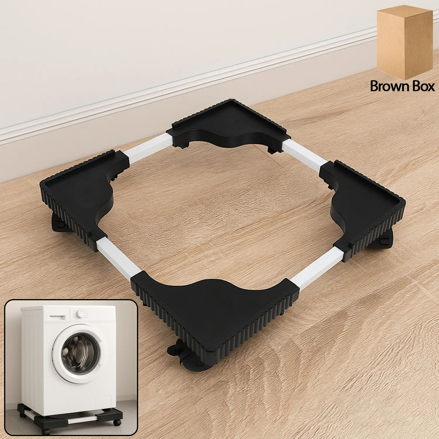 Adjustable washing machine stand with anti-vibration base supporting a heavy appliance
