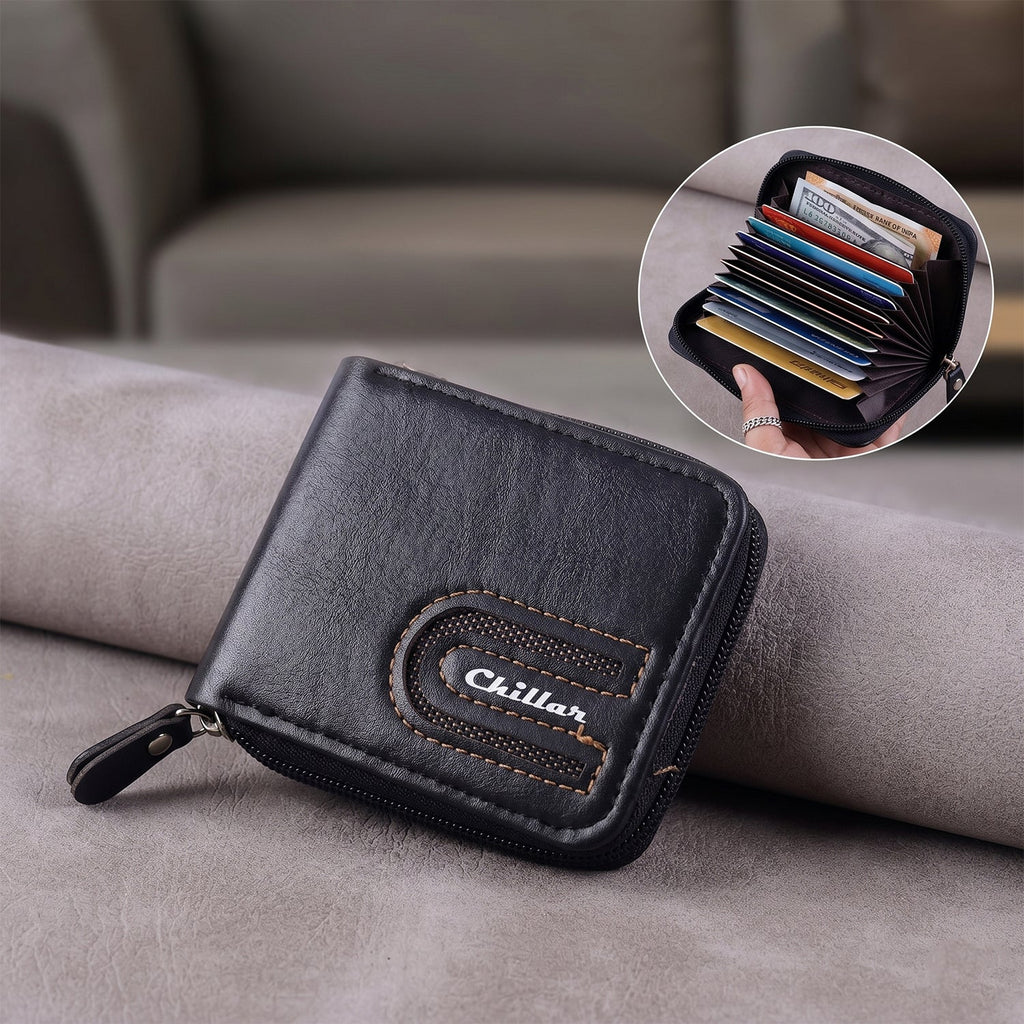 Side perspective of compact zip-around cardholder wallet