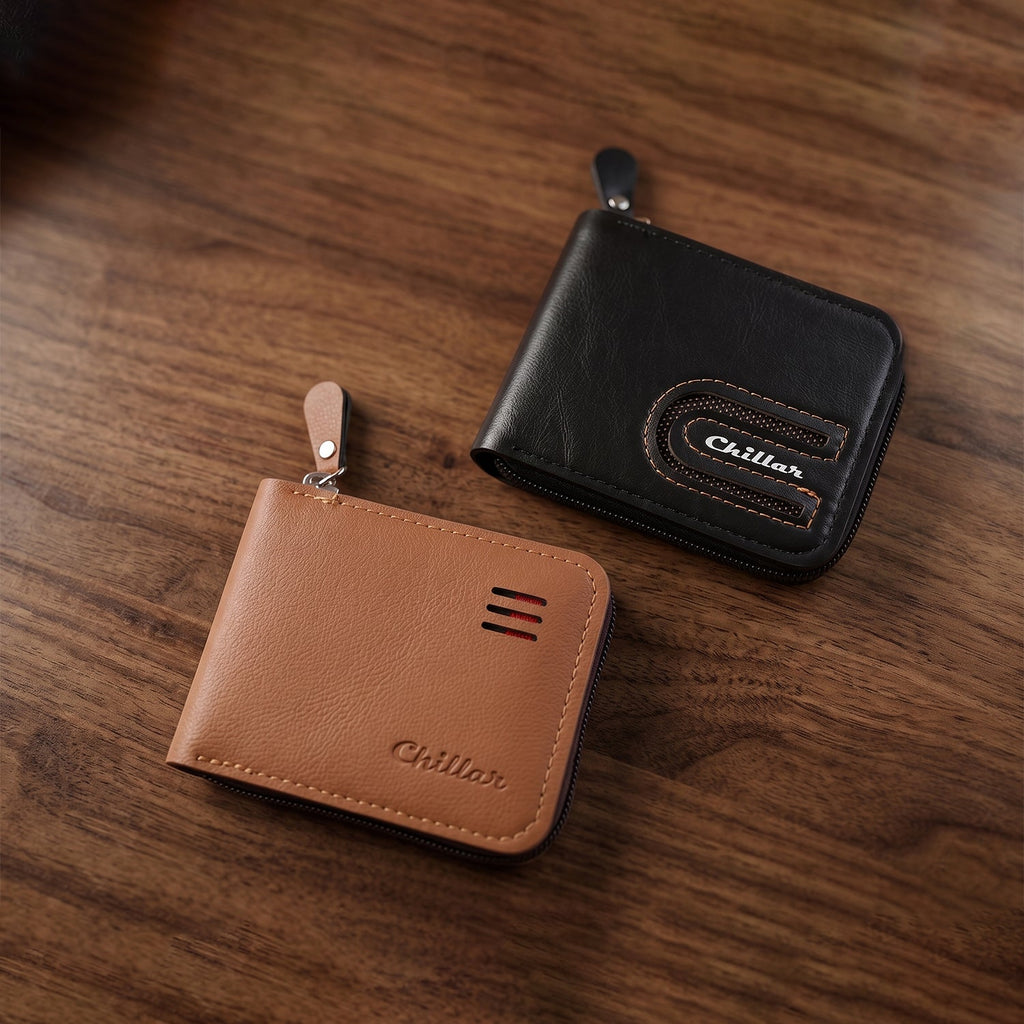 Close-up showing smooth zipper pull on card holder wallet