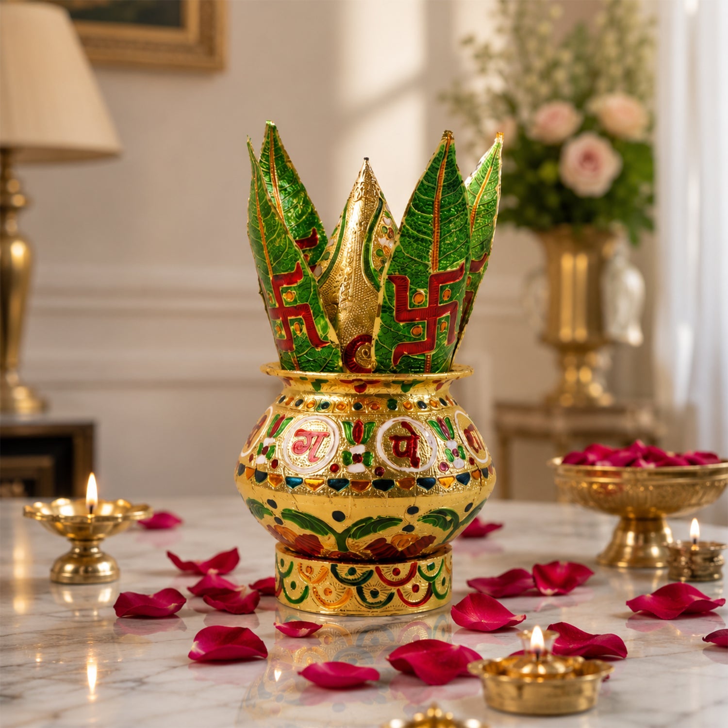 Traditional Decorative Pooja Kalash – Ornate Lotus Crown Design
