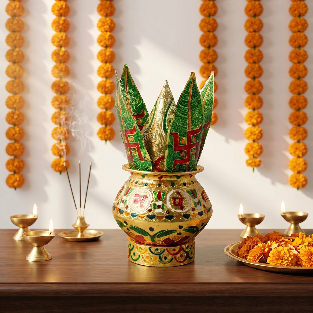 Traditional Decorative Pooja Kalash – Ornate Lotus Crown Design
