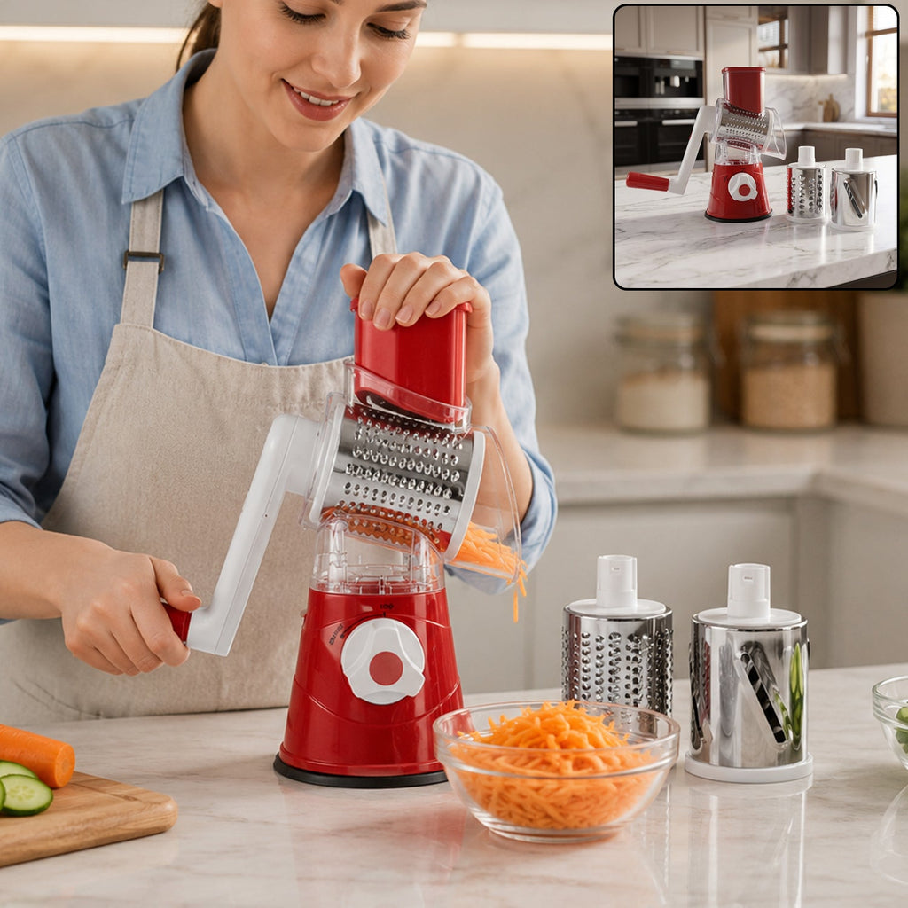Manual rotary drum grater and slicer with stainless steel 3 drum vegetable cutter (1 set)