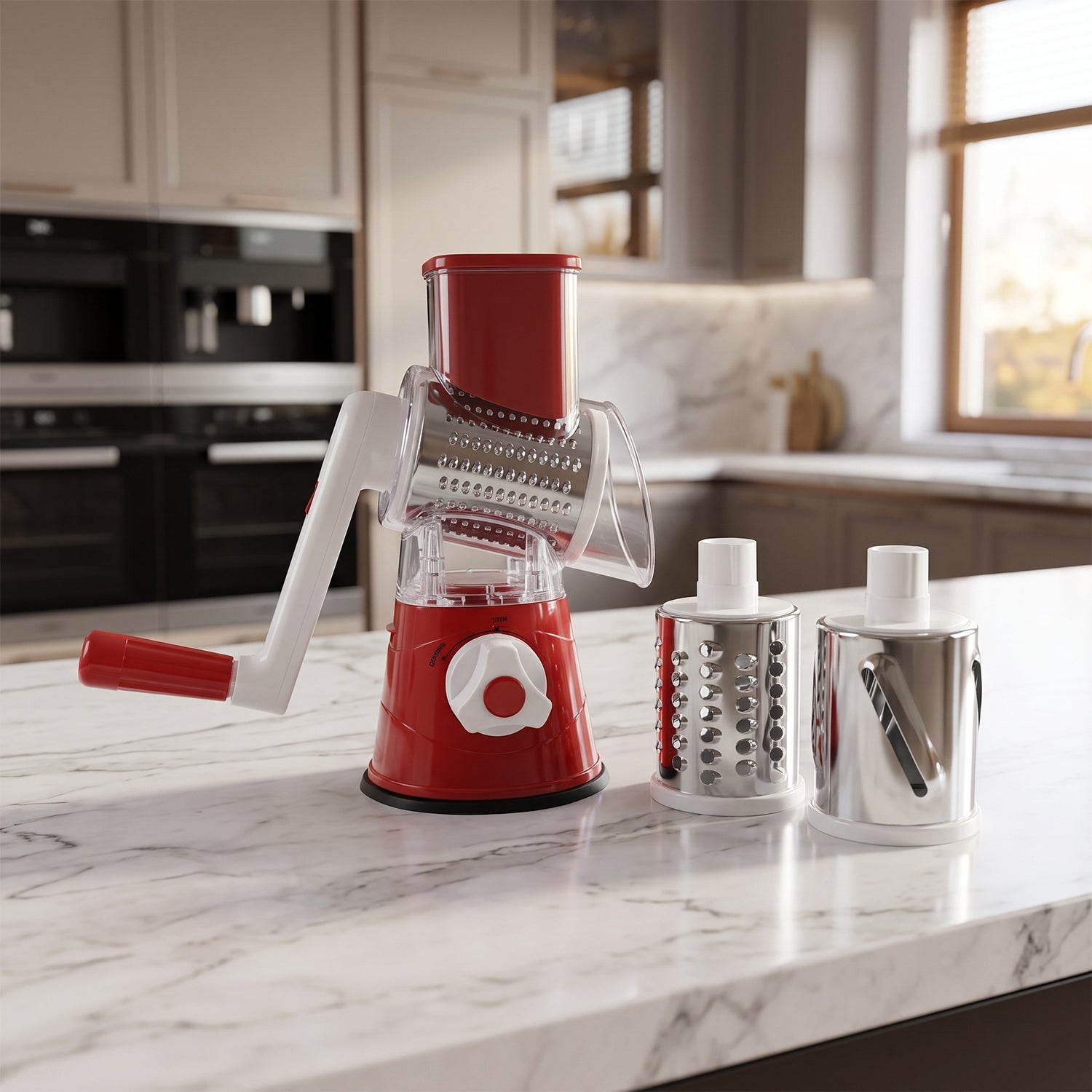 Manual vegetable slicer and grater with interchangeable drums