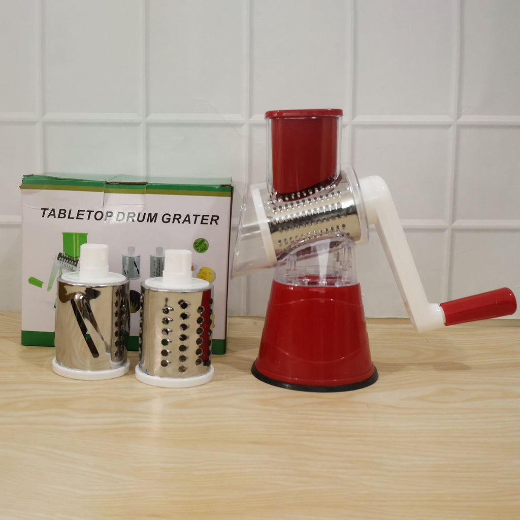 Compact drum grater and slicer for home kitchen use
