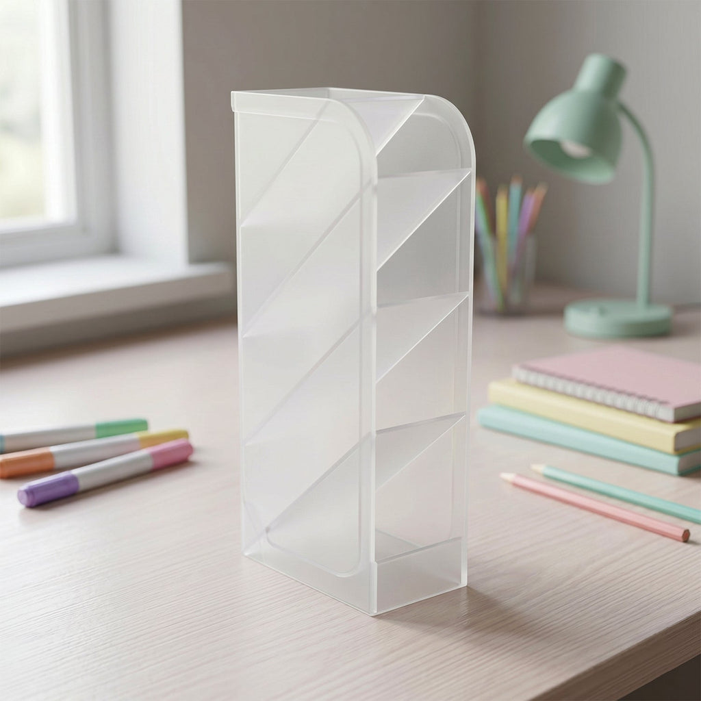 Plastic desk organizer holding office supplies in transparent compartments
