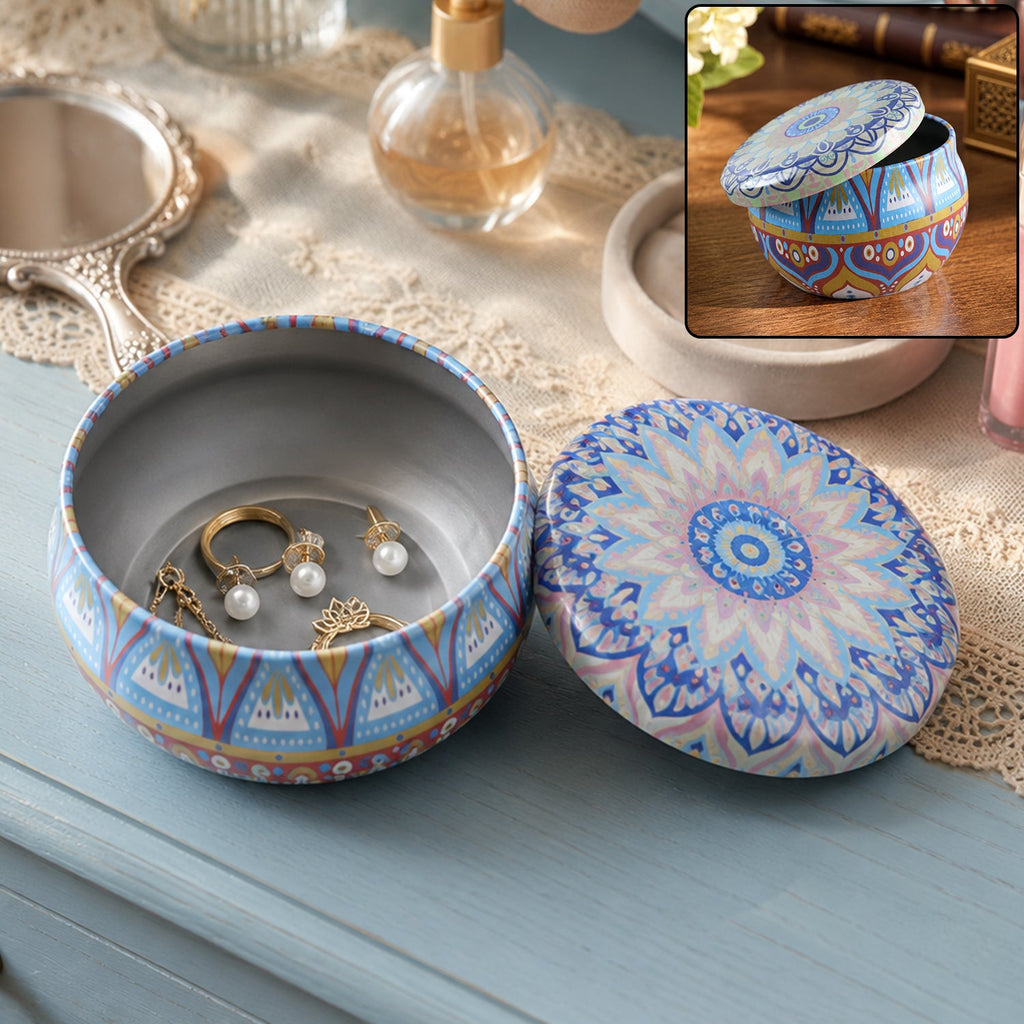Metal mandala tin box, decorative round container for candles and trinkets (1 pc)