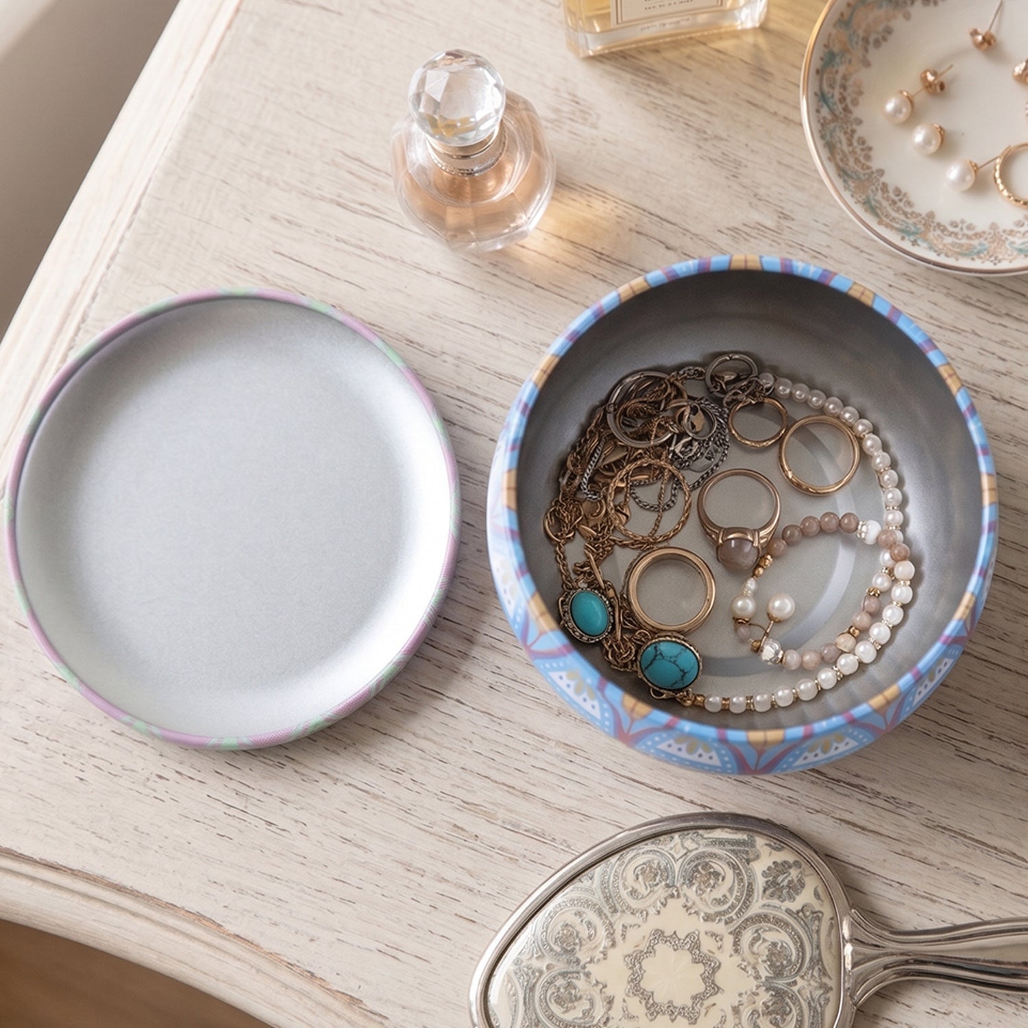 Decorative metal container with mandala pattern for storage