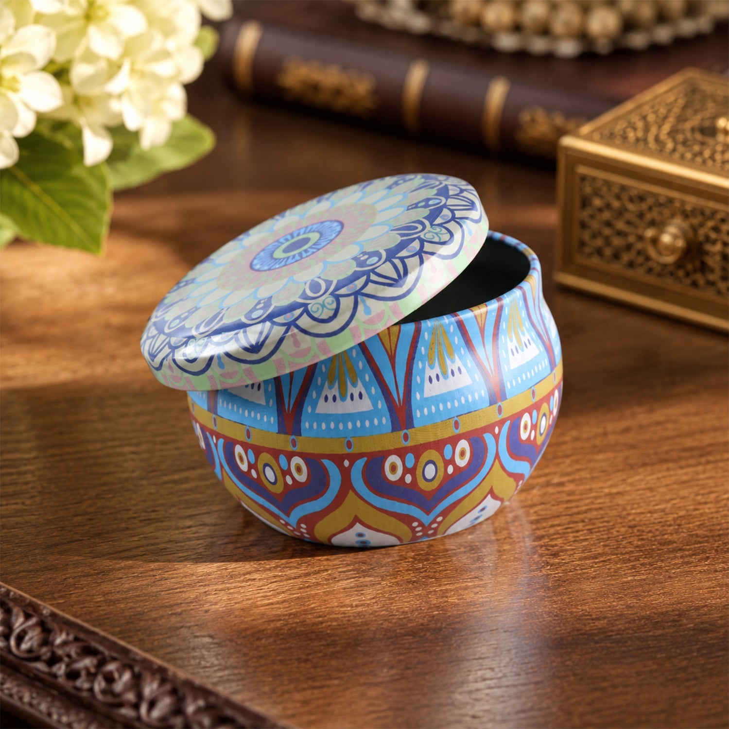Mandala tin box for trinkets, coins and small accessories