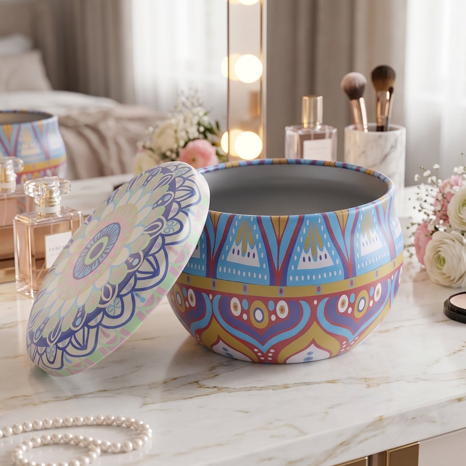 Decorative candle tin with mandala design for home