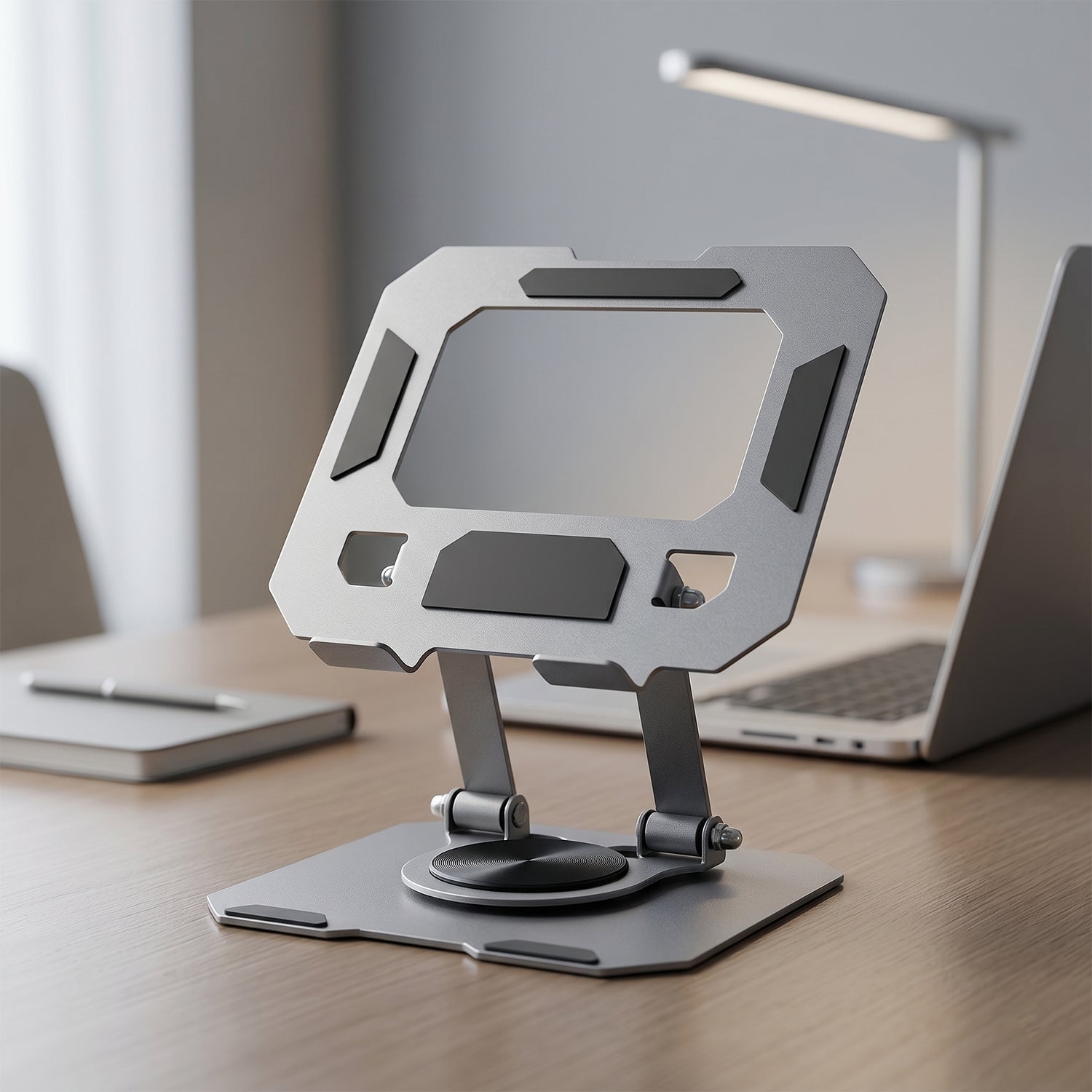 Side view of adjustable foldable metal stand