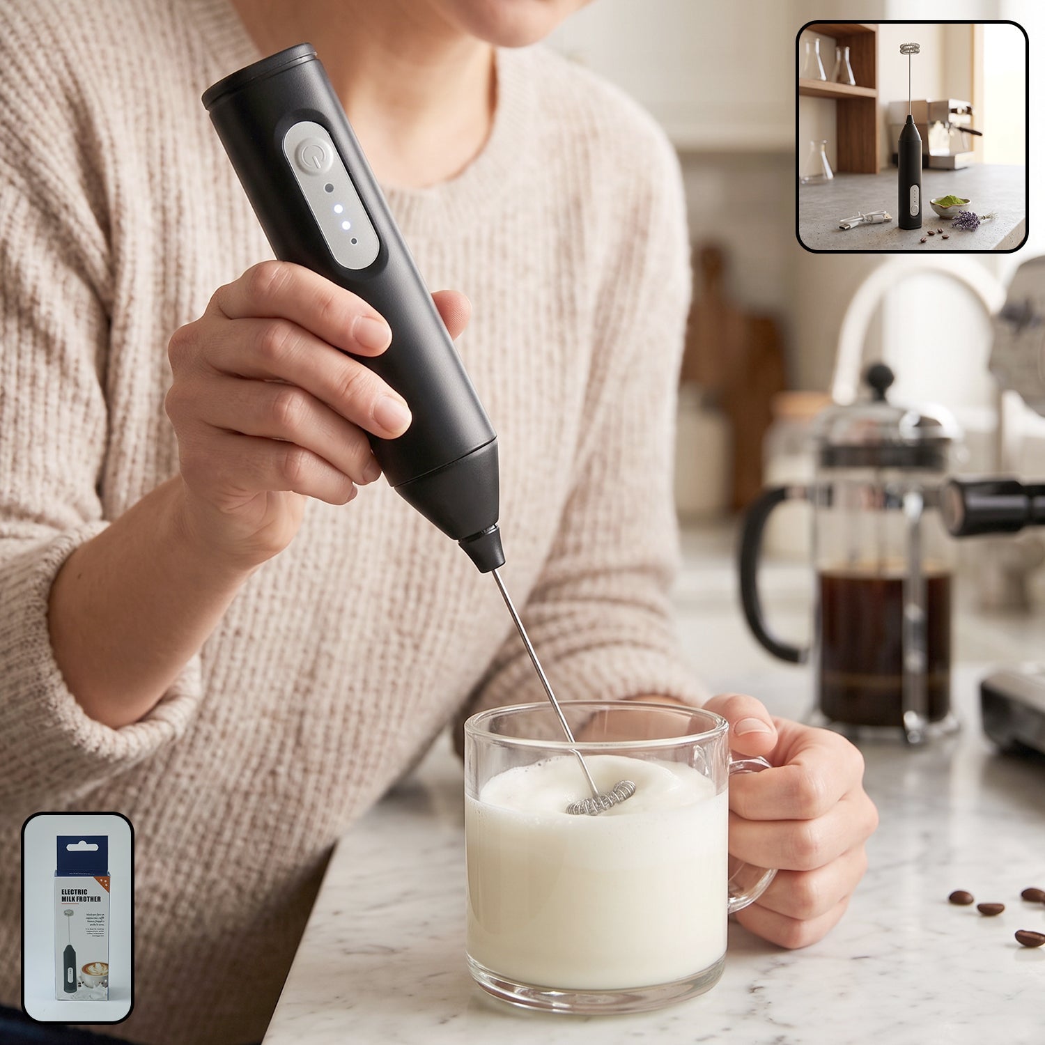 Handheld electric milk frother, battery coffee foam maker and whisk mixer (1 pc)