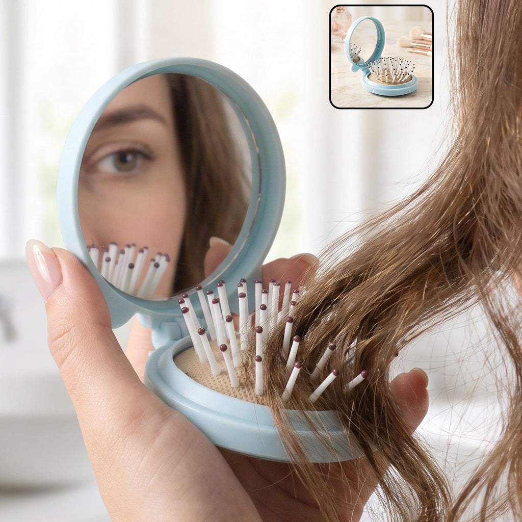 2 in 1 folding hair brush with mirror, compact pop up design for travel (1 pc)