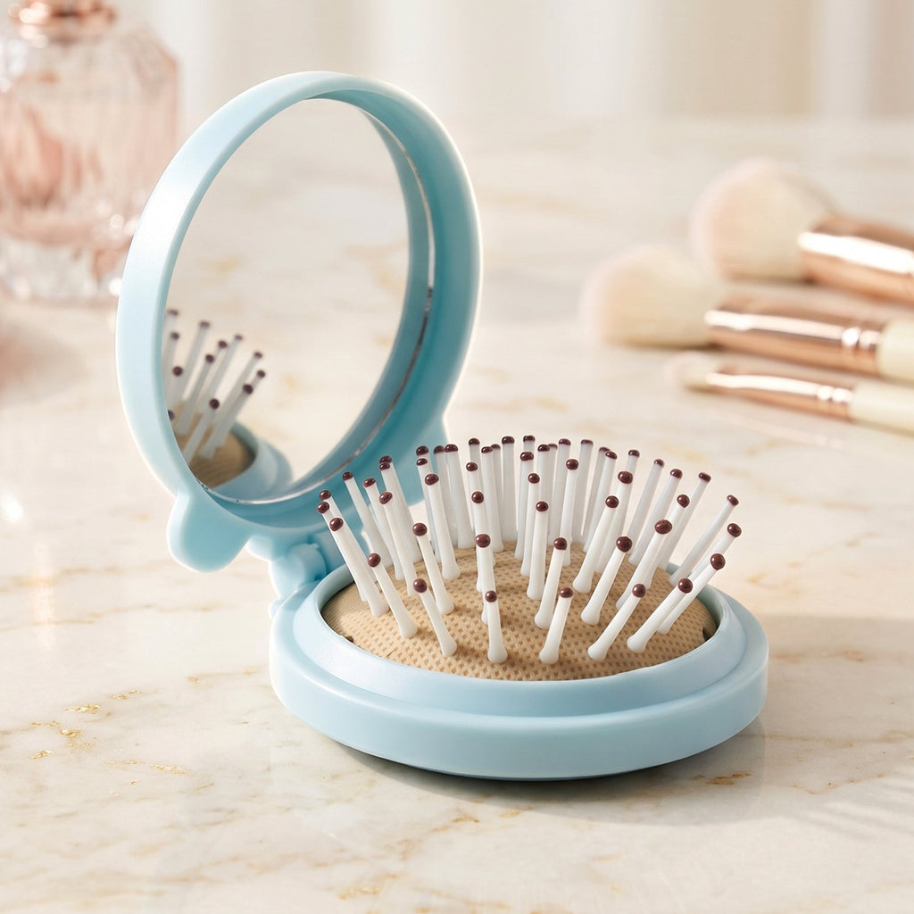Compact pop up brush and mirror set for on the go grooming