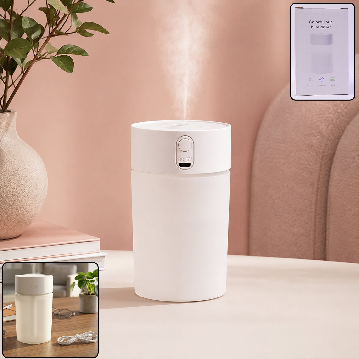 Mini portable USB humidifier with cool mist and desktop light (1 pc)