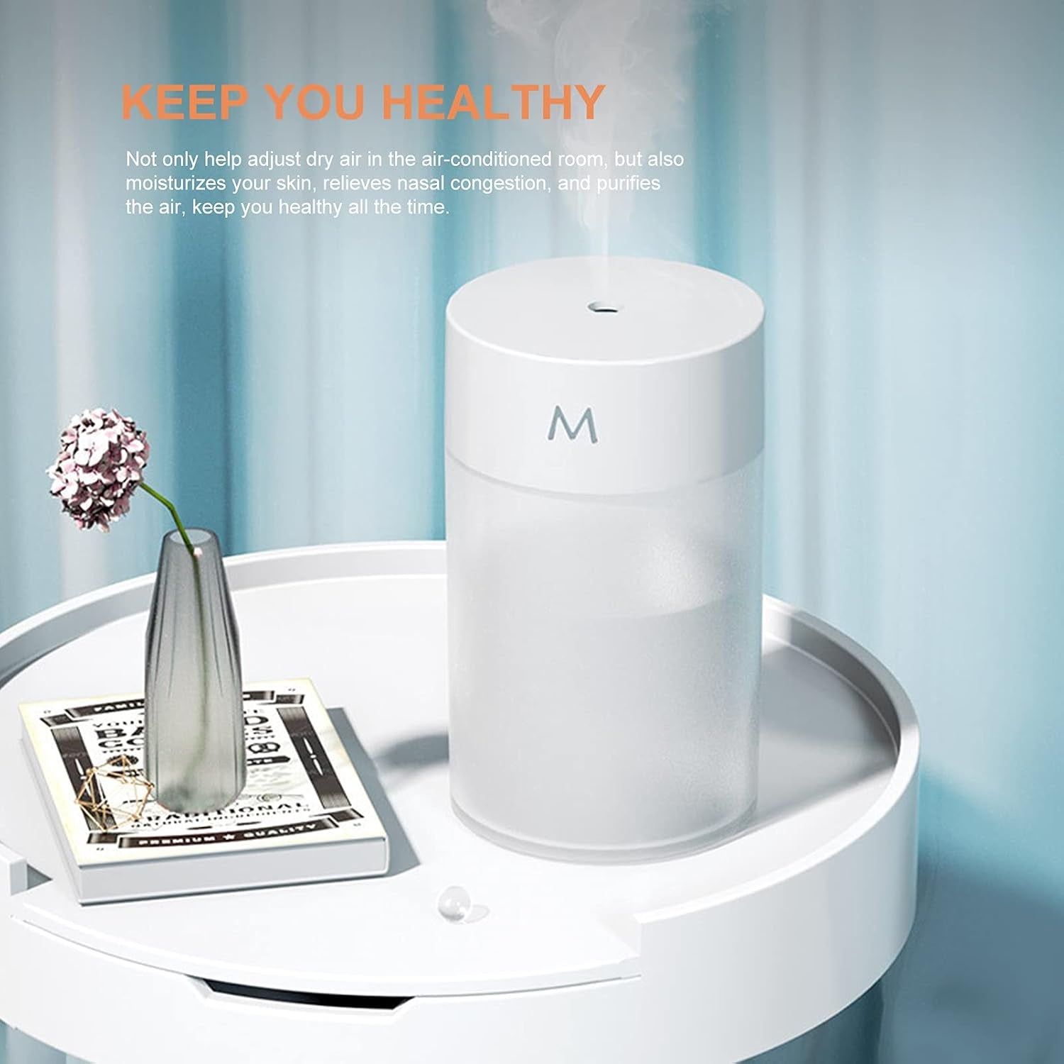 Compact desktop humidifier with LED light and quiet cool mist