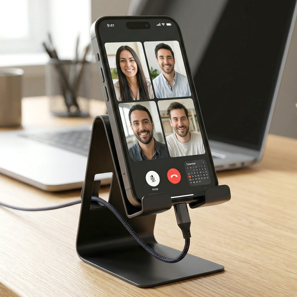 Mobile phone holder on black metal stand with compact design
