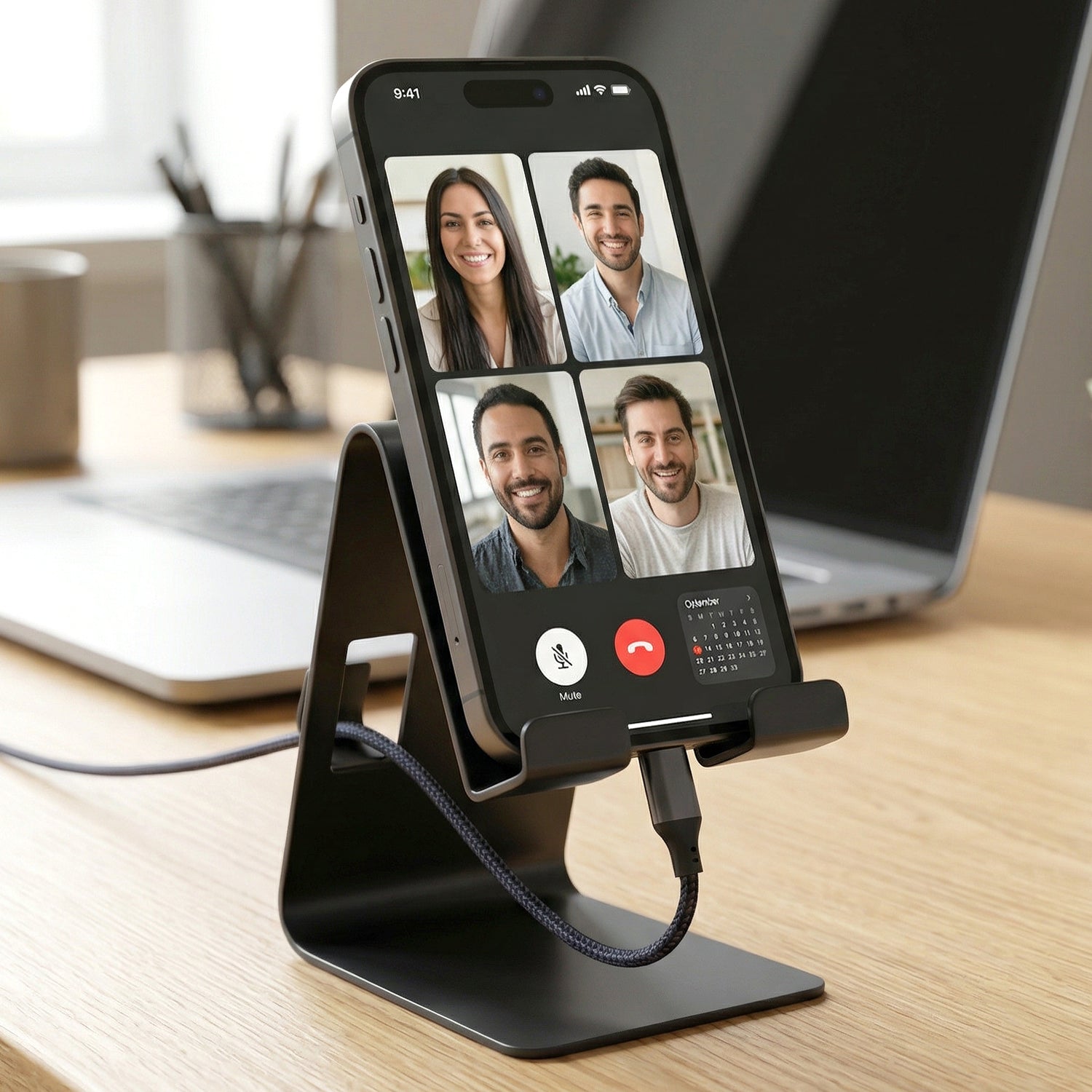 Mobile phone holder on black metal stand with compact design