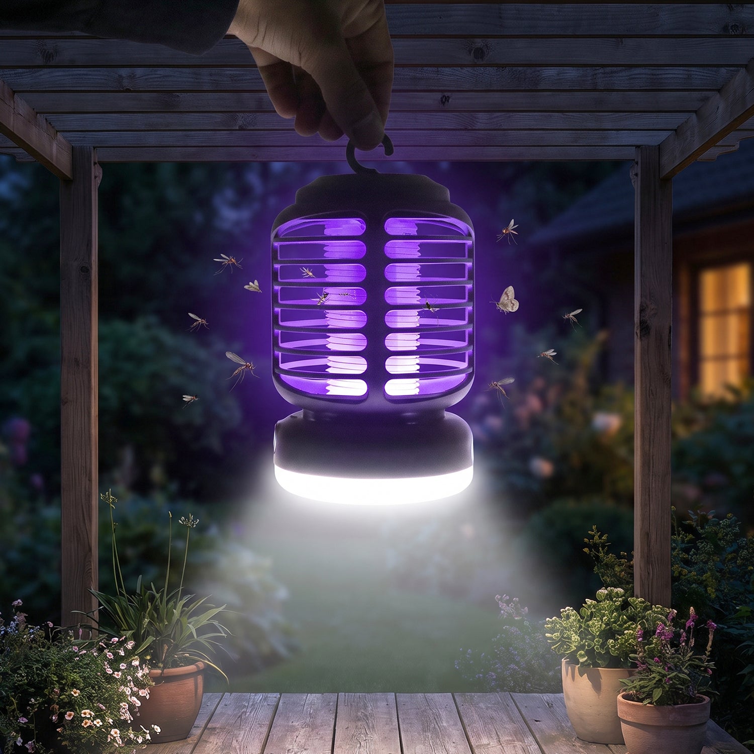 Portable UV insect zapper with hanging hook for outdoor use