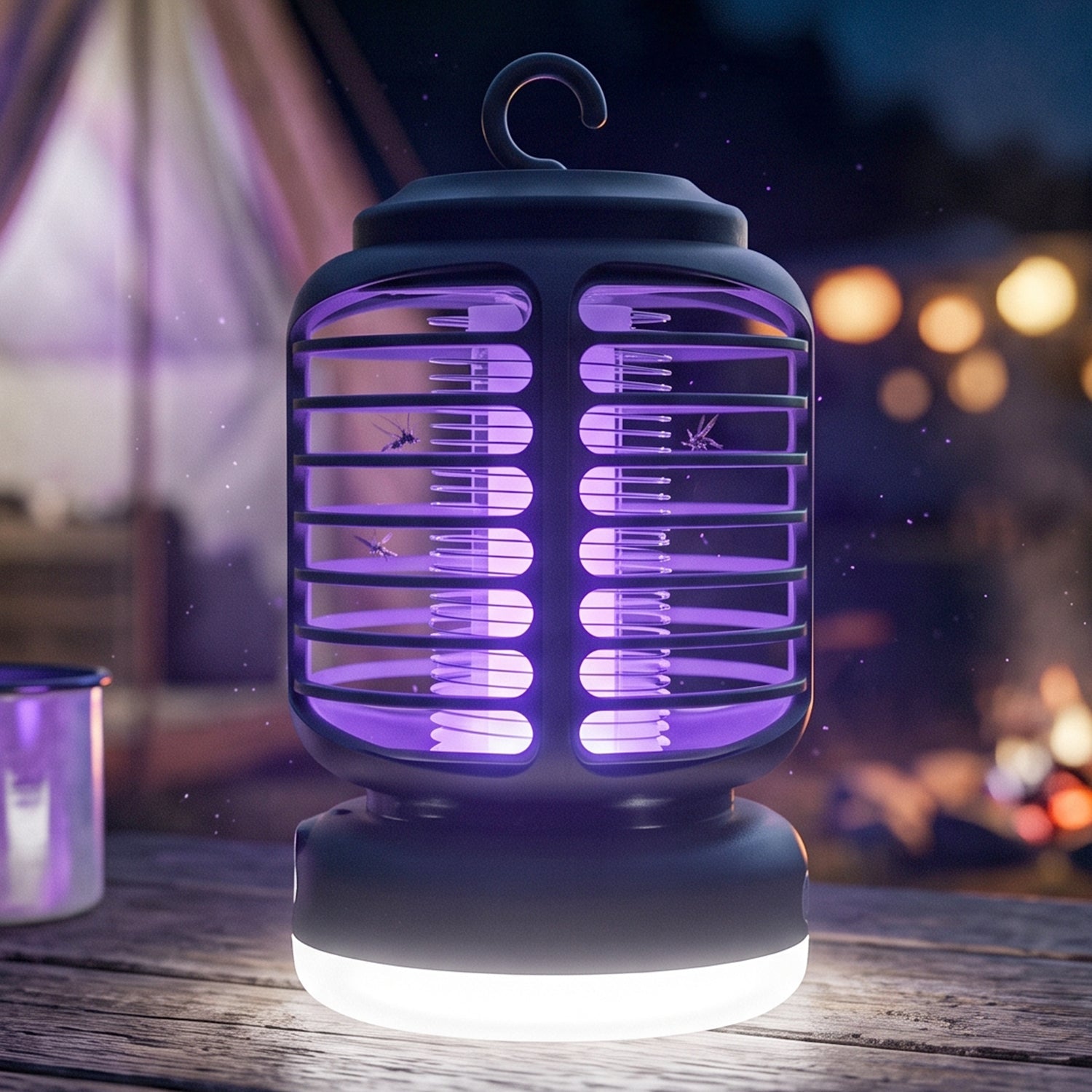 Mosquito killer lamp placed on a bedside table in a bedroom