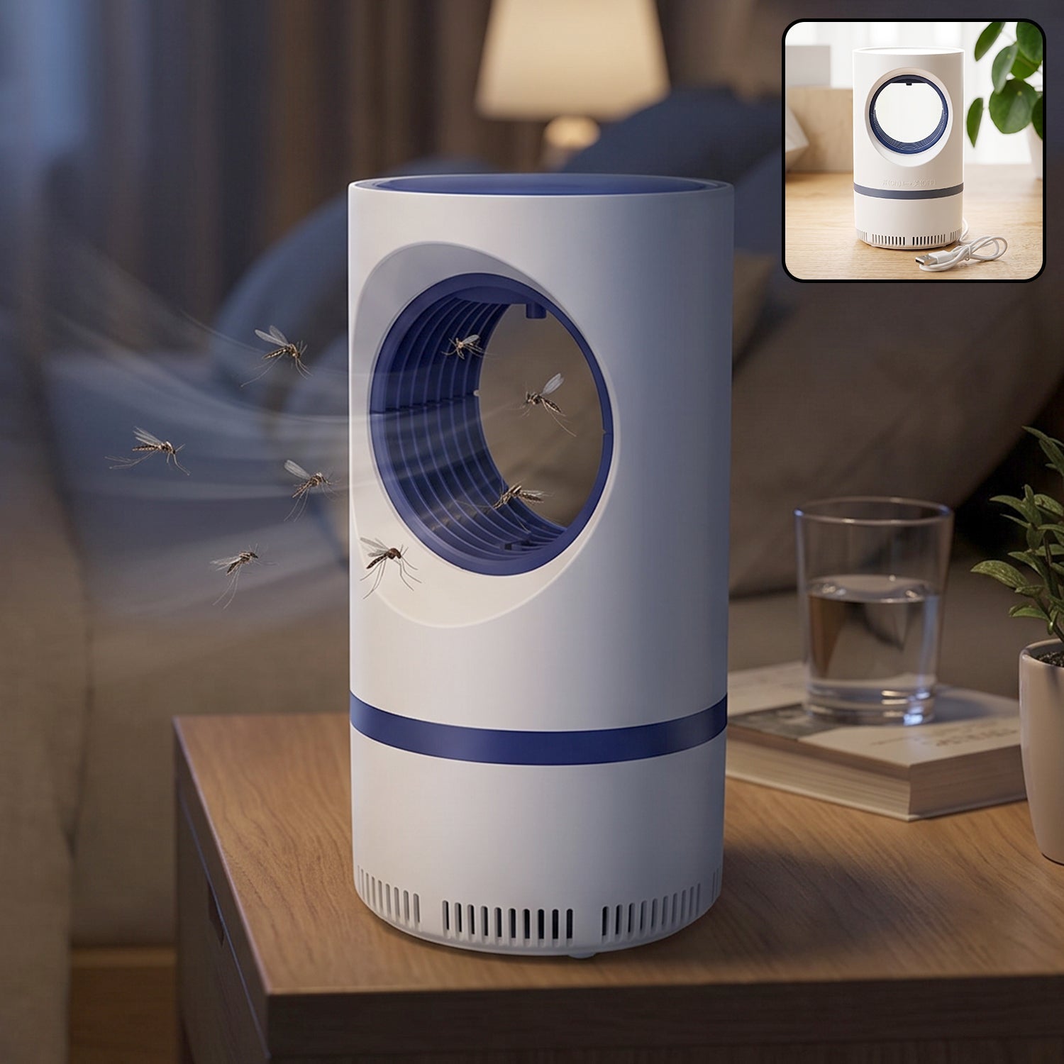 Indoor insect killer lamp showcasing UV attraction and strong suction fan.