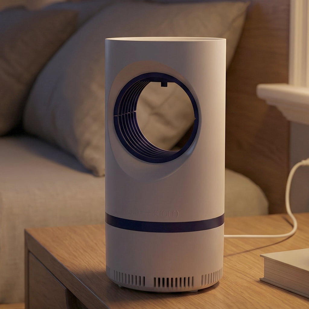White Electric USB Mosquito Killer Lamp with UV light and suction fan.