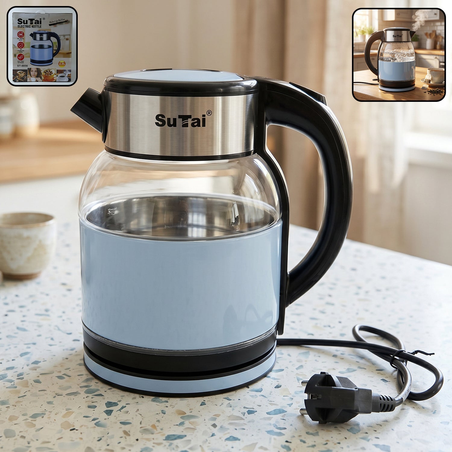 Suta electric glass kettle, 2 litre stainless steel hot water boiler for tea (1 pc)
