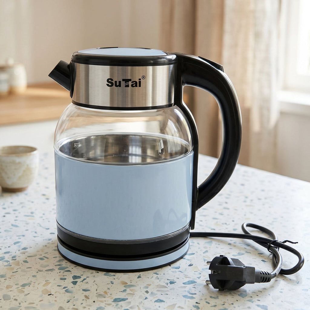 Cordless electric glass kettle with wide 2L capacity
