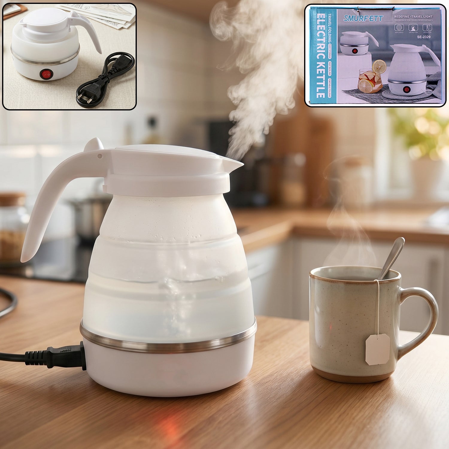Collapsible travel electric kettle, 600ml foldable silicone water boiler (1 pc)