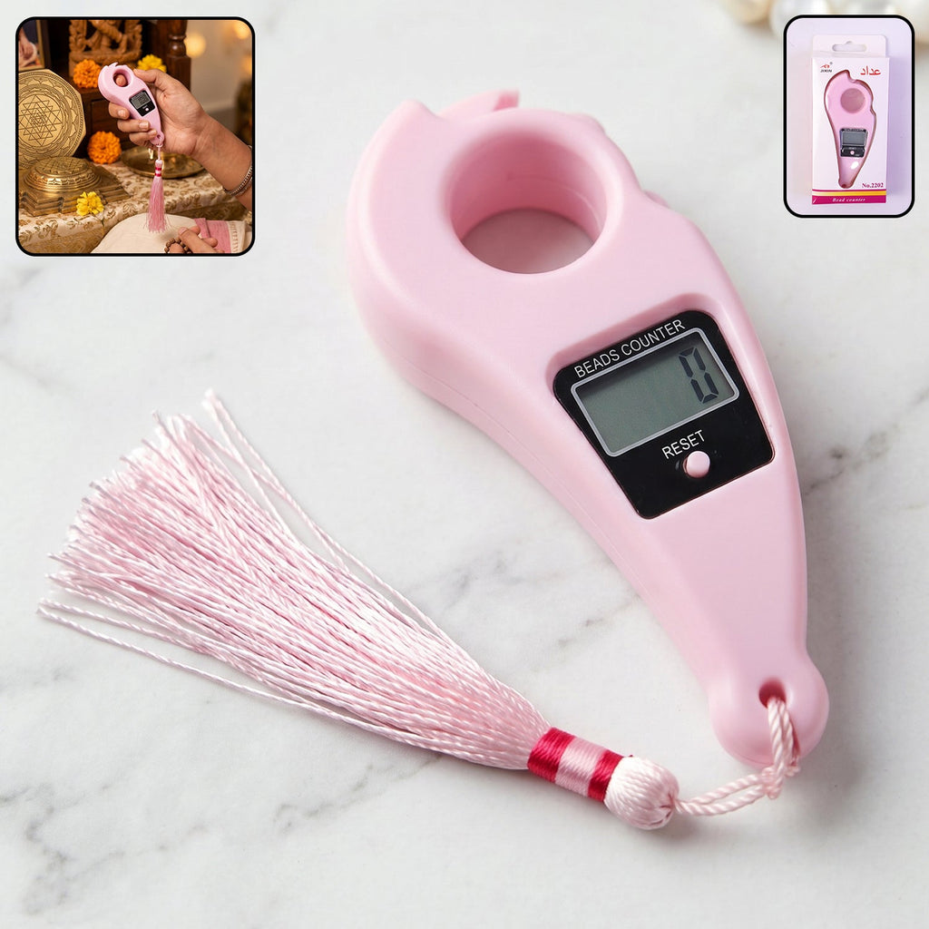 Digital mantra jaap counter on finger with LCD display and traditional tassel