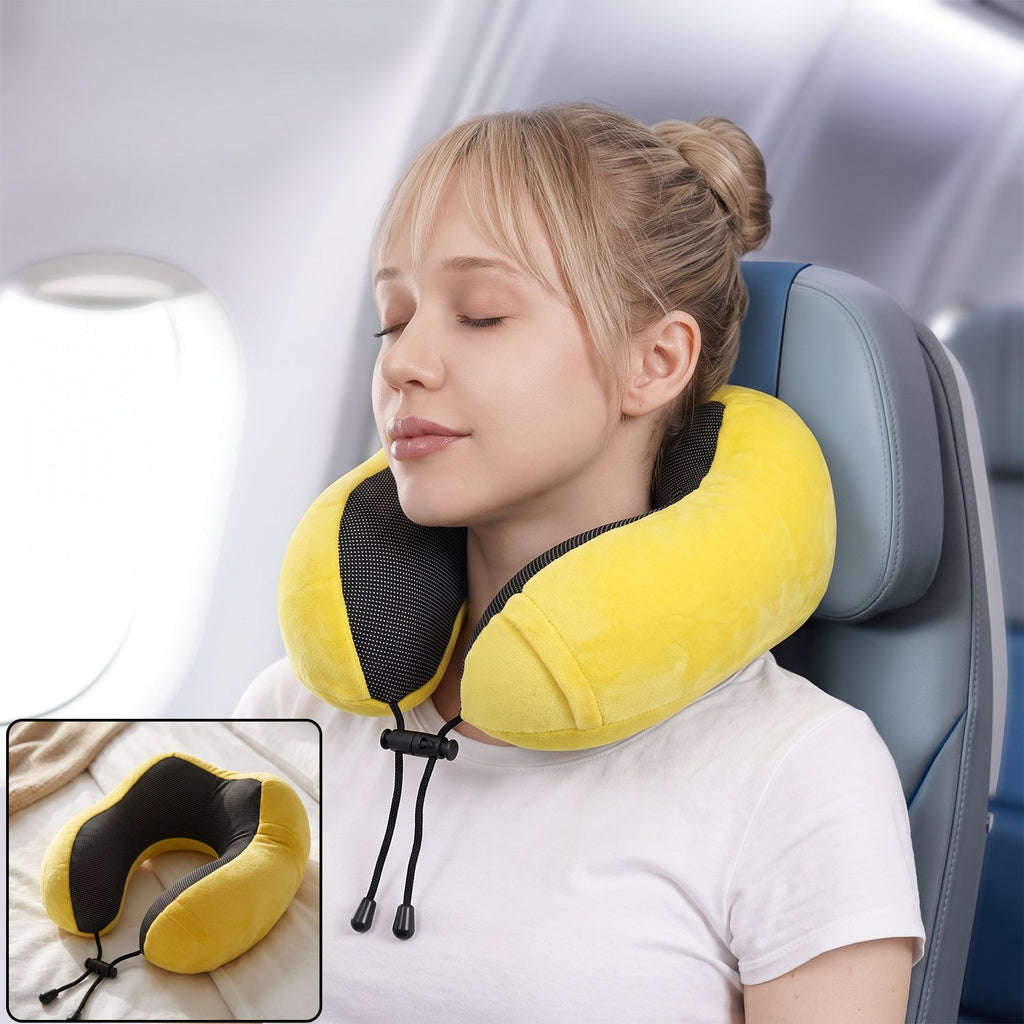 U shaped soft neck pillow, yellow plush travel pillow with drawstring (1 pc)